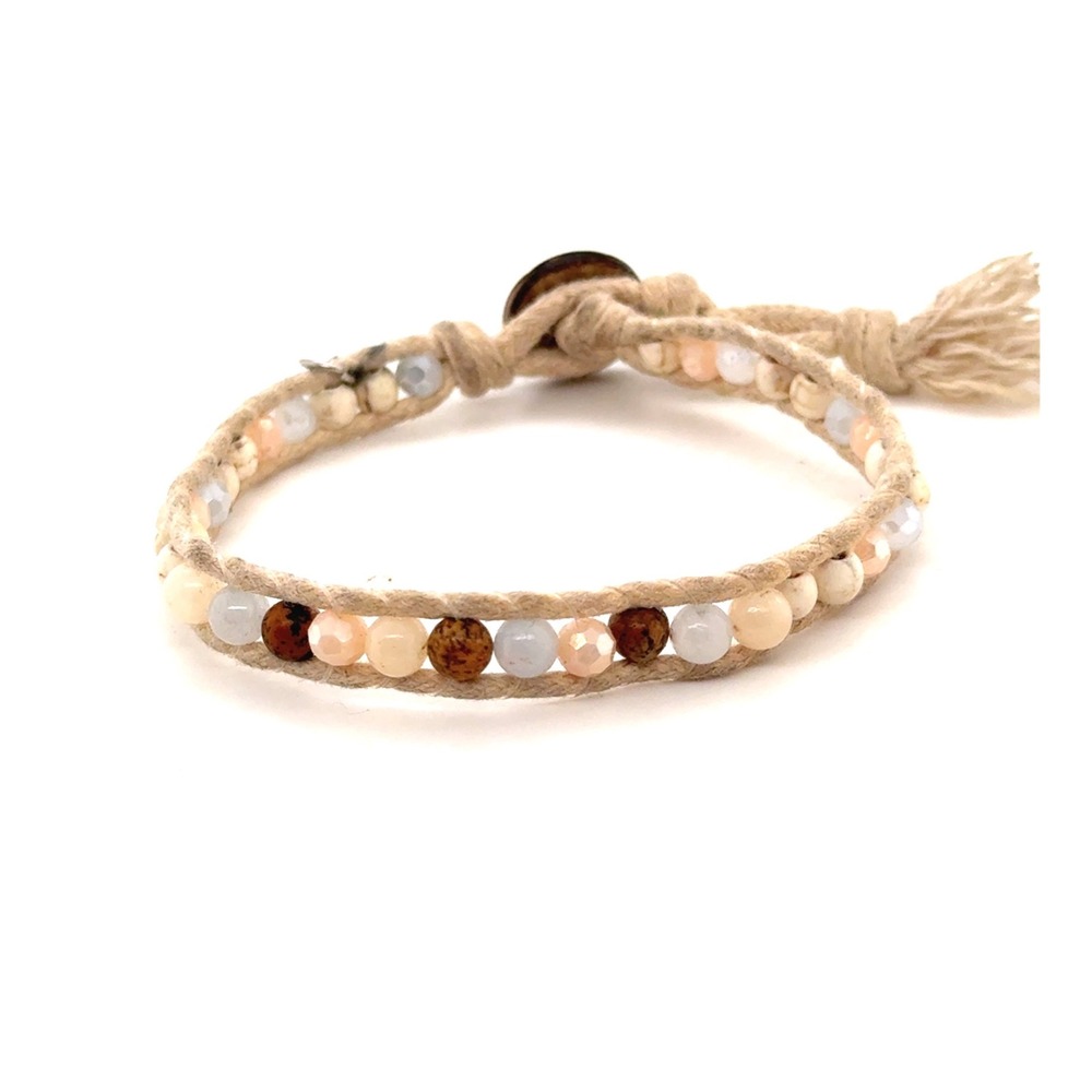 Lotus and Luna Beaded Wrap Bracelet Cream Blue Earth Tone Coconut Button Boho